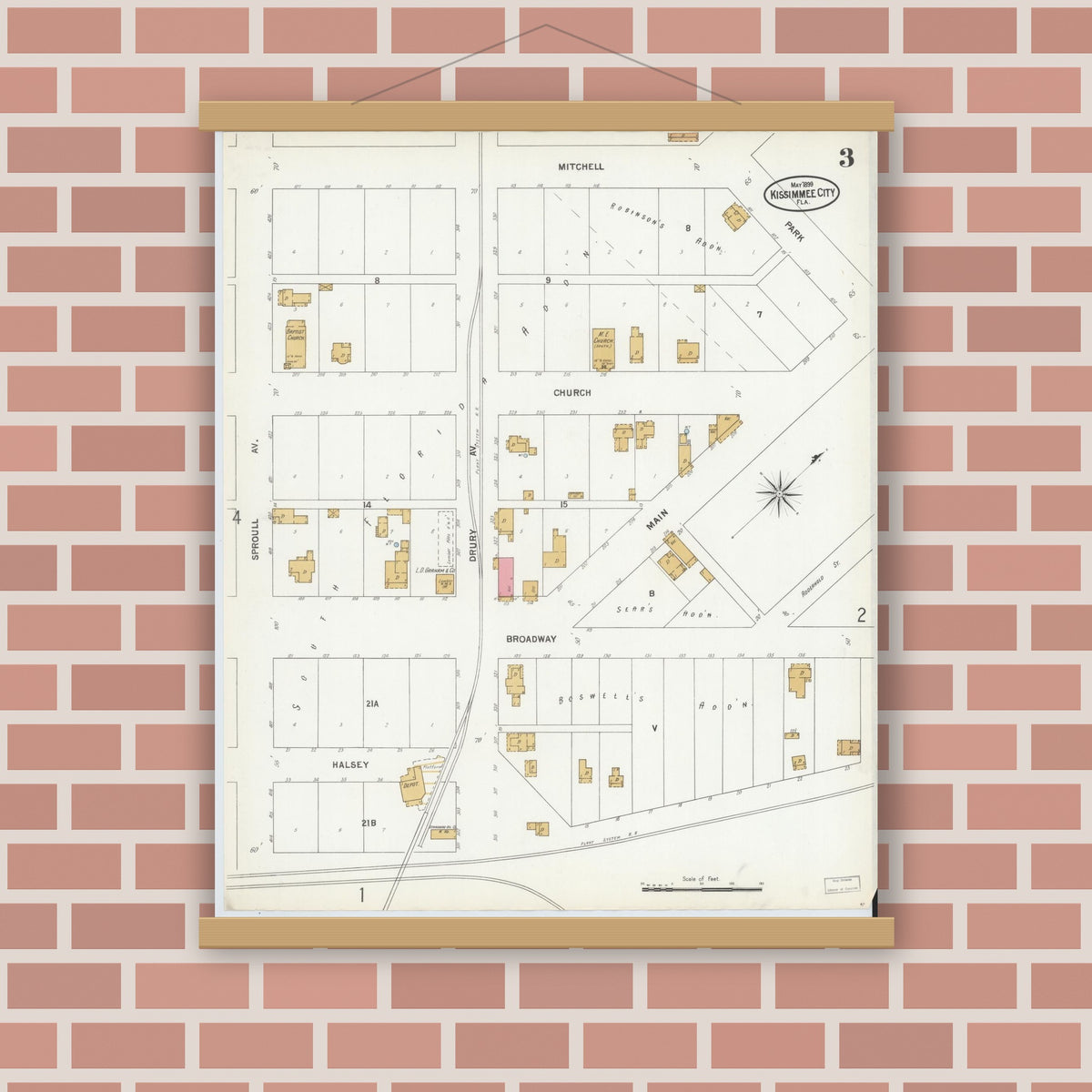 Old map wall art mockup — magnetic wood frame on brick wall — Sanborn Fire Insurance Map from Kissimmee, Osceola County, Florida (1899), Sheet #0003