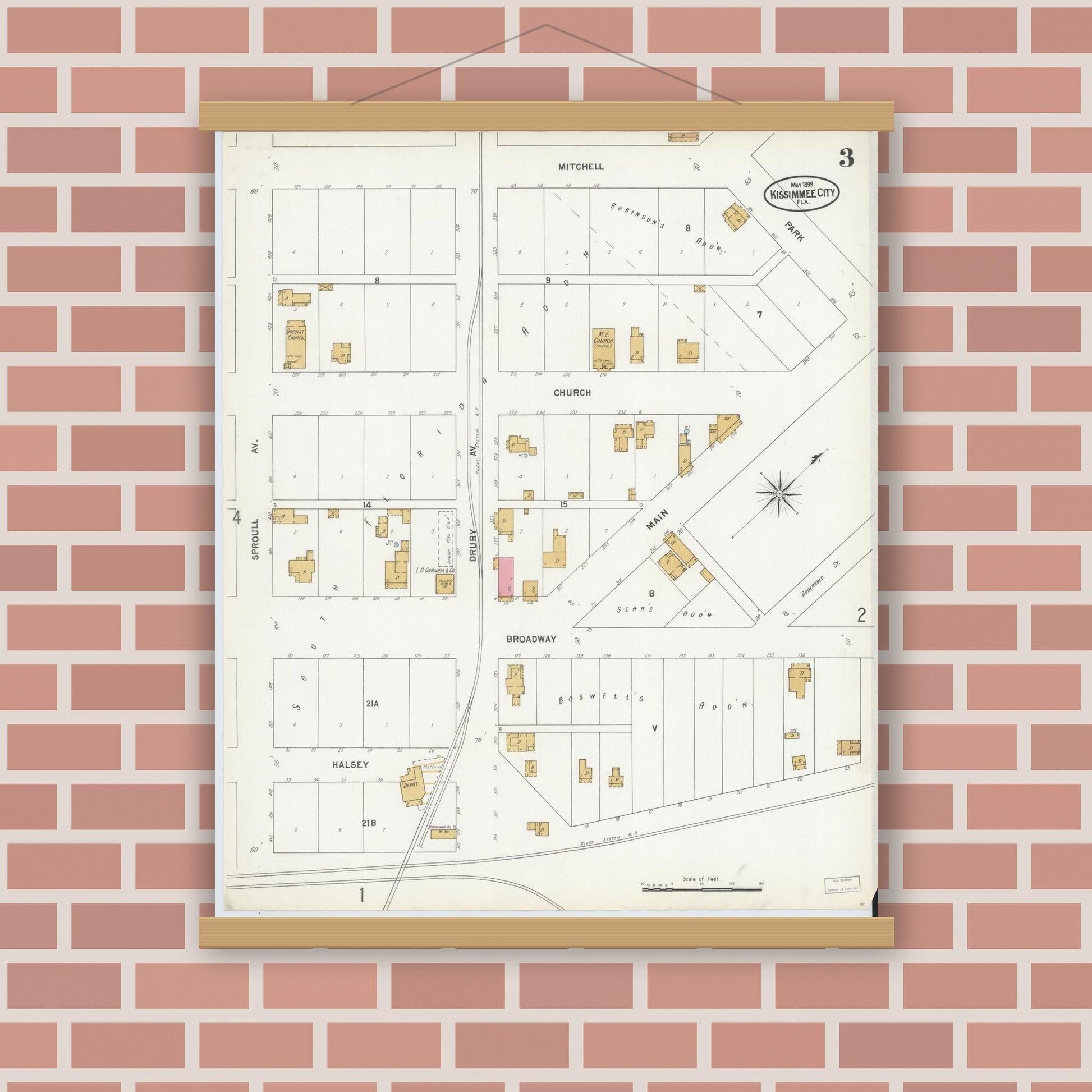 Old map wall art mockup — magnetic wood frame on brick wall — Sanborn Fire Insurance Map from Kissimmee, Osceola County, Florida (1899), Sheet #0003