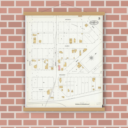 Old map wall art mockup — magnetic wood frame on brick wall — Sanborn Fire Insurance Map from Kissimmee, Osceola County, Florida (1899), Sheet #0003