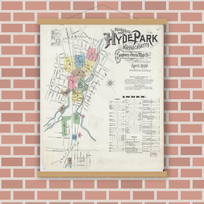 Old map wall art mockup — magnetic wood frame on brick wall — Sanborn Fire Insurance Map from Hyde Park, Norfolk County, Massachusetts (1896), Sheet #0001