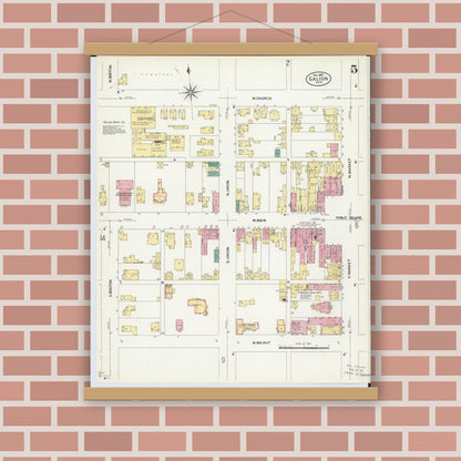 Old map wall art mockup — magnetic wood frame on brick wall — Sanborn Fire Insurance Map from Galion, Crawford County, Ohio (1907), Sheet #0005