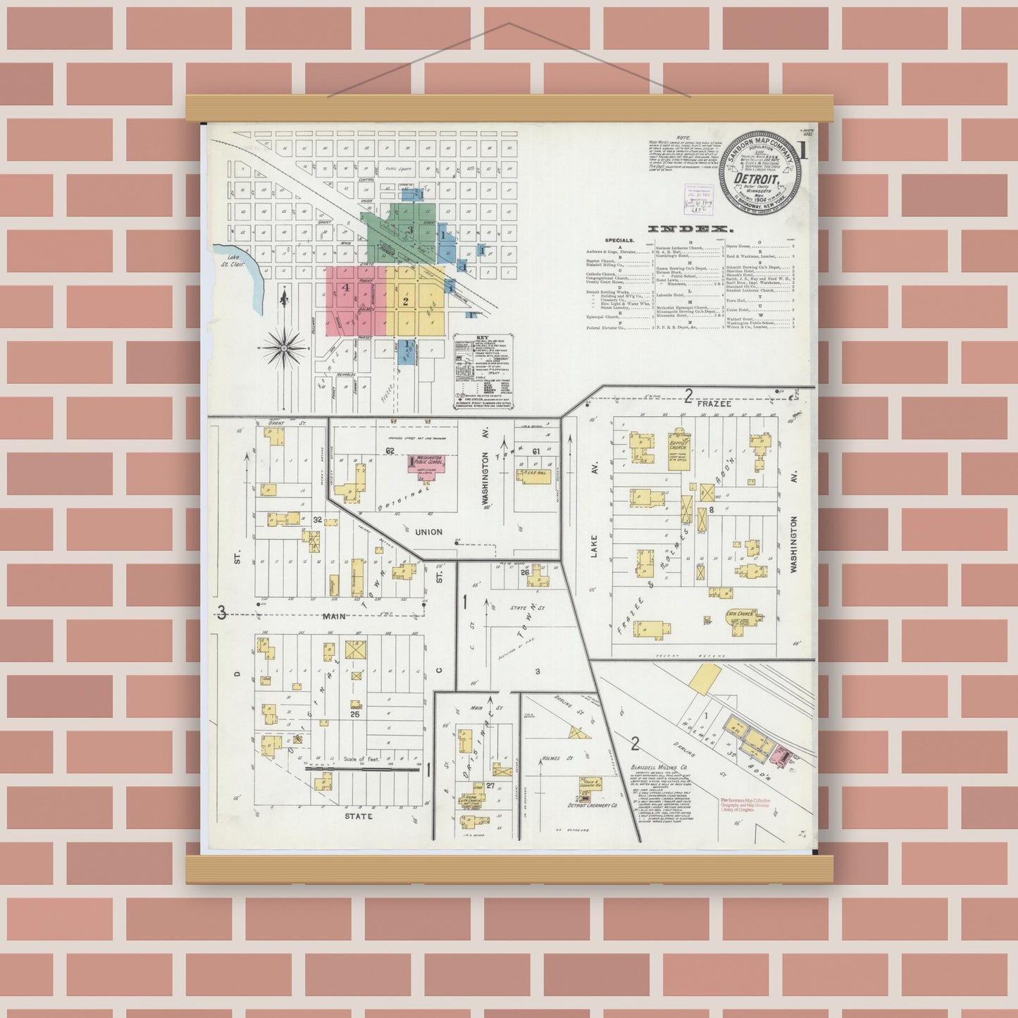Old map wall art mockup — magnetic wood frame on brick wall — Sanborn Fire Insurance Map from Detroit Lakes, Becker County, Minnesota (1904), Sheet #0001