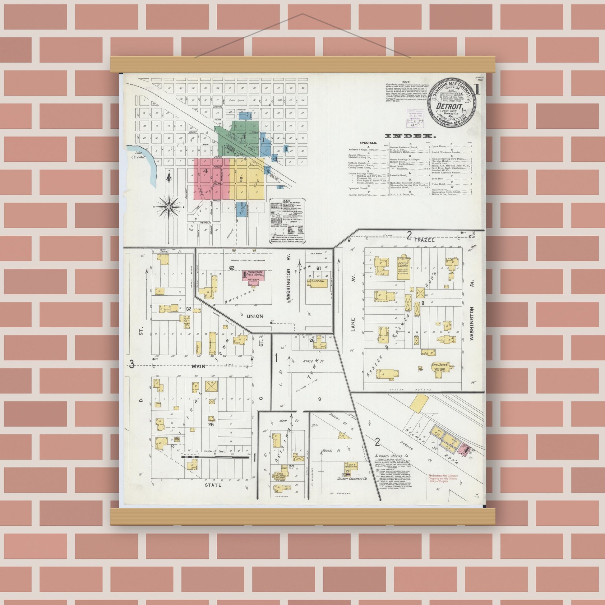 Old map wall art mockup — magnetic wood frame on brick wall — Sanborn Fire Insurance Map from Detroit Lakes, Becker County, Minnesota (1904), Sheet #0001