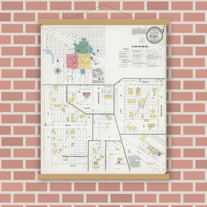 Old map wall art mockup — magnetic wood frame on brick wall — Sanborn Fire Insurance Map from Detroit Lakes, Becker County, Minnesota (1904), Sheet #0001