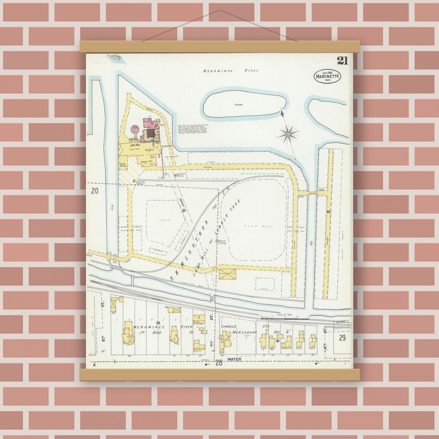 Old map wall art mockup — magnetic wood frame on brick wall — Sanborn Fire Insurance Map from Marinette, Marinette County, Wisconsin (1901), Sheet #0021
