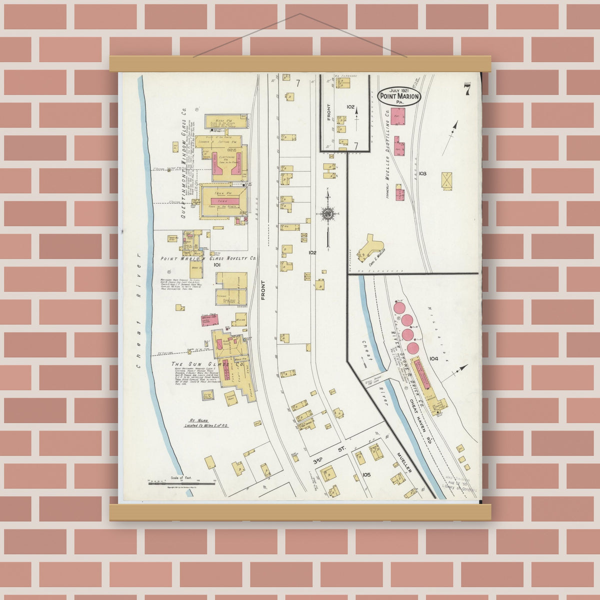 Old map wall art mockup — magnetic wood frame on brick wall — Sanborn Fire Insurance Map from Point Marion, Fayette County, Pennsylvania (1921), Sheet #0007