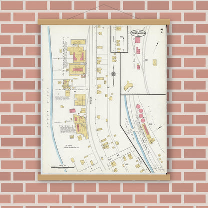 Old map wall art mockup — magnetic wood frame on brick wall — Sanborn Fire Insurance Map from Point Marion, Fayette County, Pennsylvania (1921), Sheet #0007