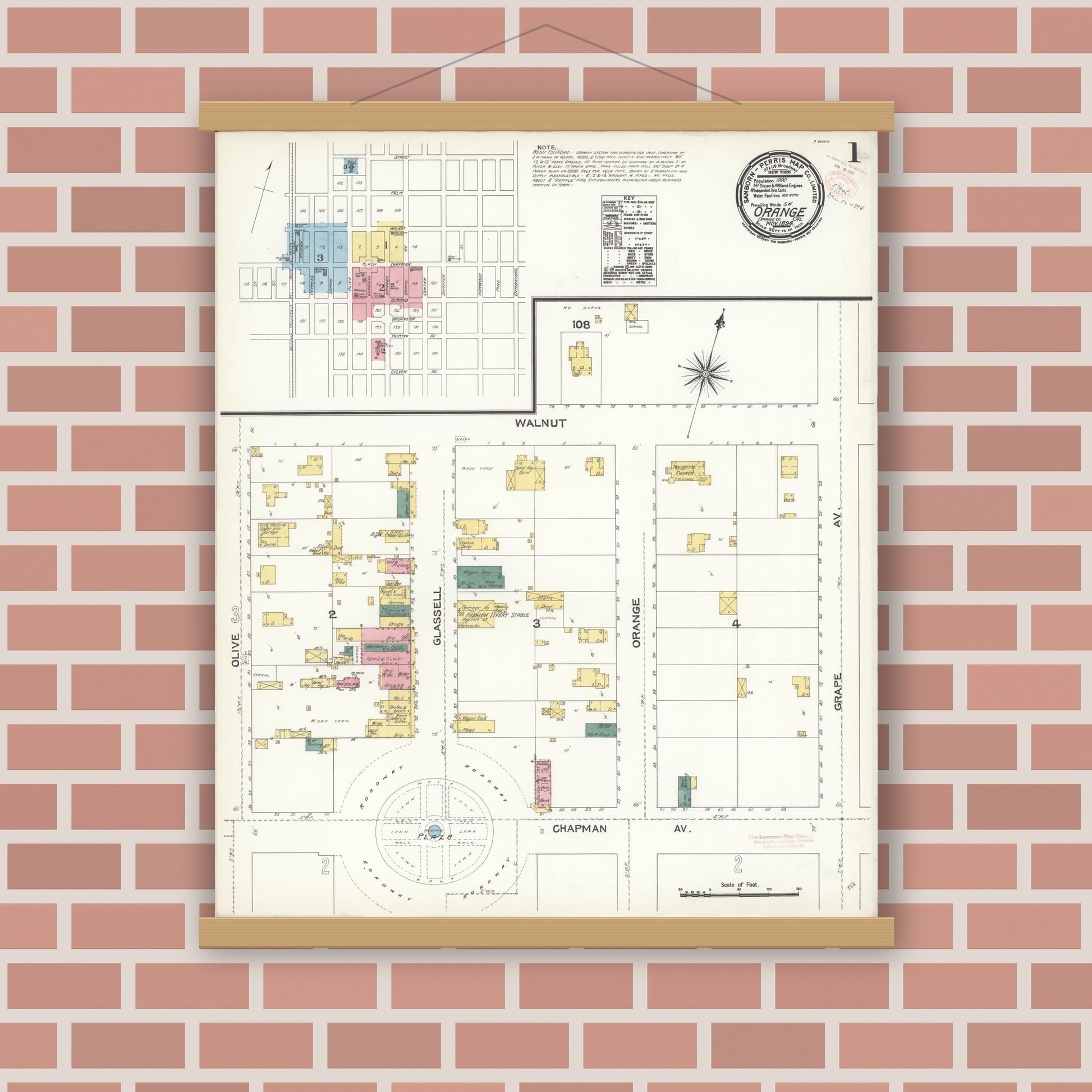 Old map wall art mockup — magnetic wood frame on brick wall — Sanborn Fire Insurance Map from Orange, Orange County, California (1894) - Complete Map Set