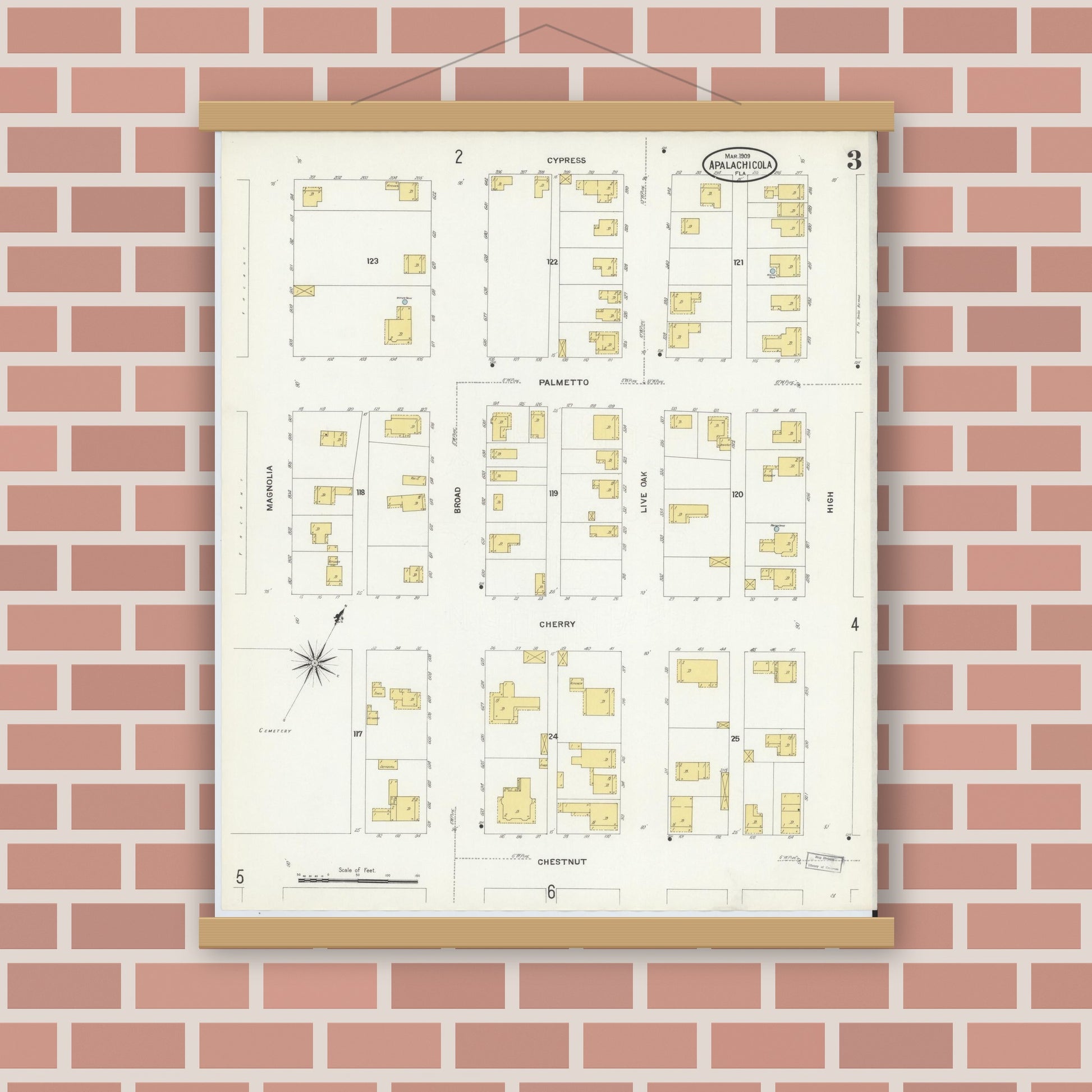 Old map wall art mockup — magnetic wood frame on brick wall — Sanborn Fire Insurance Map from Apalachicola, Franklin County, Florida (1909), Sheet #0003