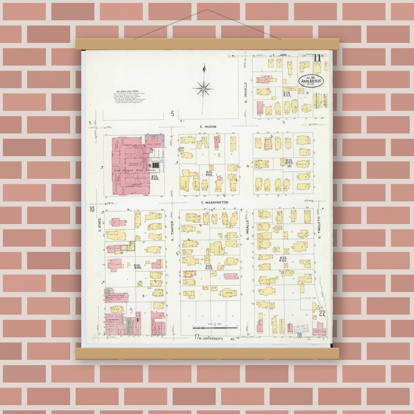 Old map wall art mockup — magnetic wood frame on brick wall — Sanborn Fire Insurance Map from Ann Arbor, Washtenaw County, Michigan (1908), Sheet #0011