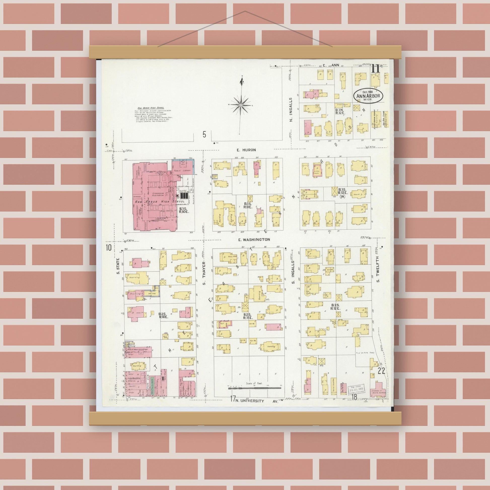 Old map wall art mockup — magnetic wood frame on brick wall — Sanborn Fire Insurance Map from Ann Arbor, Washtenaw County, Michigan (1908), Sheet #0011