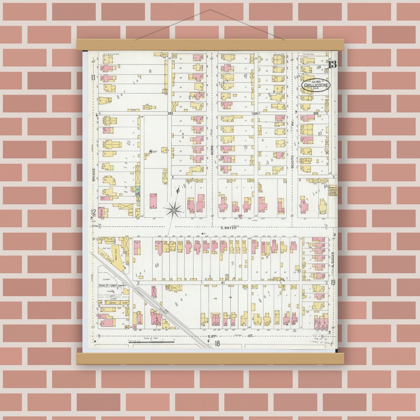 Old map wall art mockup — magnetic wood frame on brick wall — Sanborn Fire Insurance Map from Chillicothe, Ross County, Ohio (1900), Sheet #0013