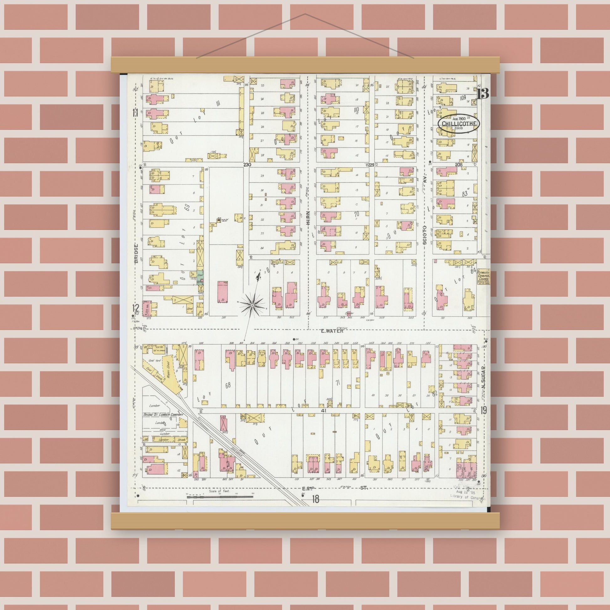 Old map wall art mockup — magnetic wood frame on brick wall — Sanborn Fire Insurance Map from Chillicothe, Ross County, Ohio (1900), Sheet #0013