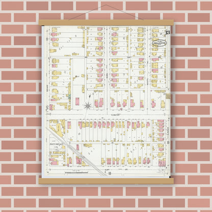 Old map wall art mockup — magnetic wood frame on brick wall — Sanborn Fire Insurance Map from Chillicothe, Ross County, Ohio (1900), Sheet #0013