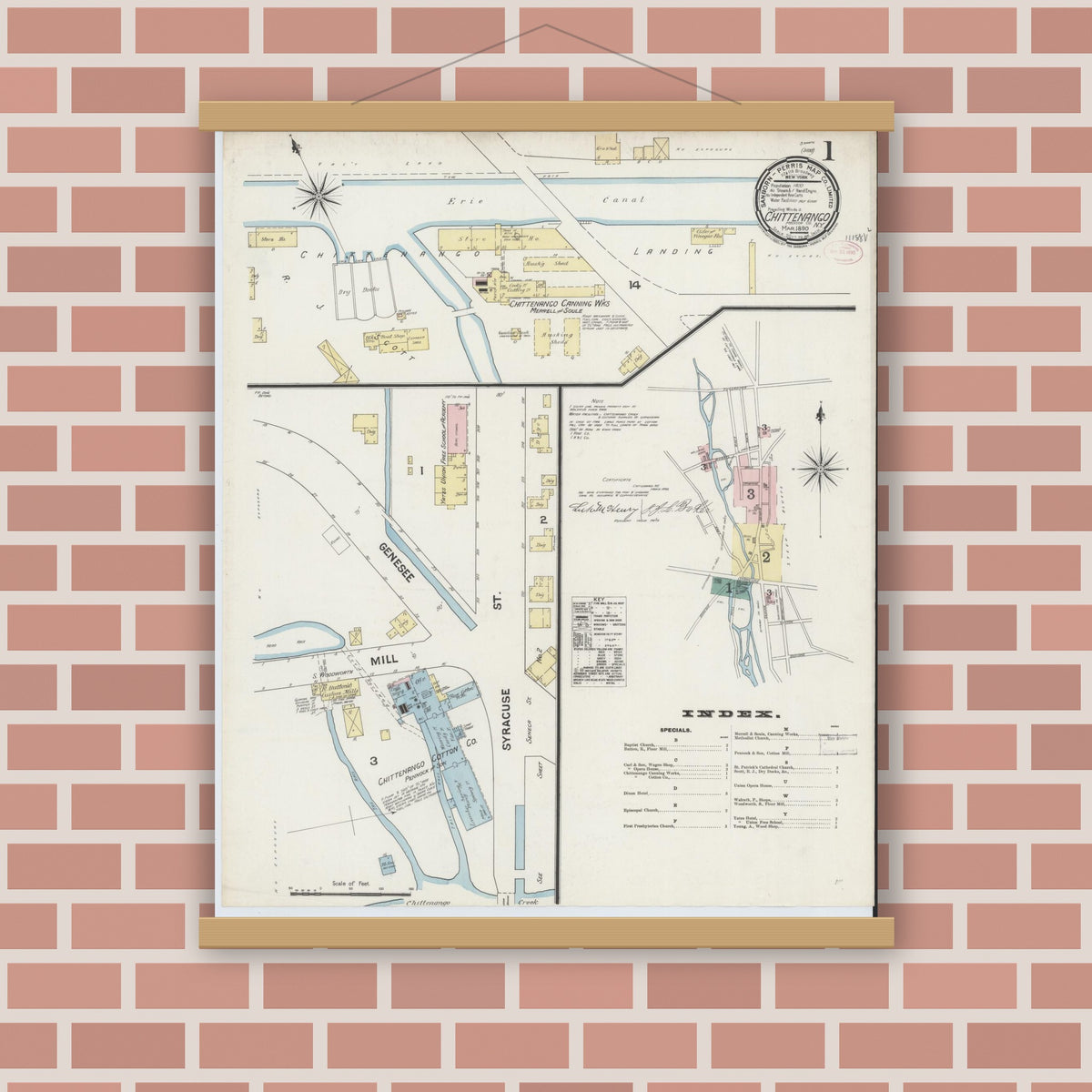 Old map wall art mockup — magnetic wood frame on brick wall — Sanborn Fire Insurance Map from Chittenango, Madison County, New York (1890) - Complete Map Set