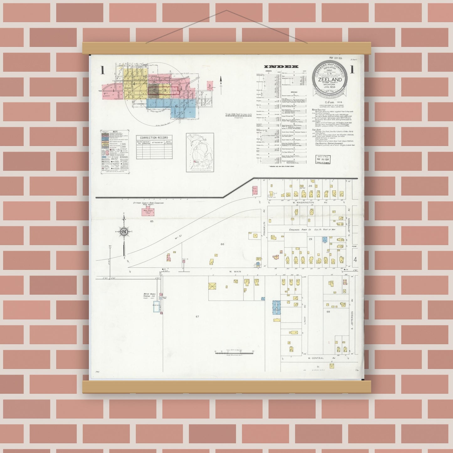 Old map wall art mockup — magnetic wood frame on brick wall — Sanborn Fire Insurance Map from Zeeland, Ottawa County, Michigan (1934) - Complete Map Set
