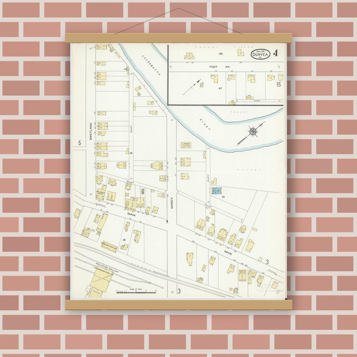 Old map wall art mockup — magnetic wood frame on brick wall — Sanborn Fire Insurance Map from Duryea, Luzerne County, Pennsylvania (1914), Sheet #0004