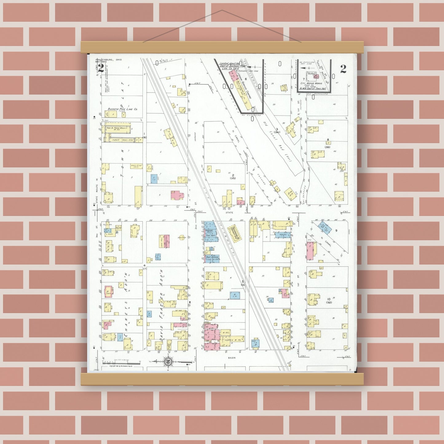 Old map wall art mockup — magnetic wood frame on brick wall — Sanborn Fire Insurance Map from Frazeysburg, Muskingum County, Ohio (1950), Sheet #0002