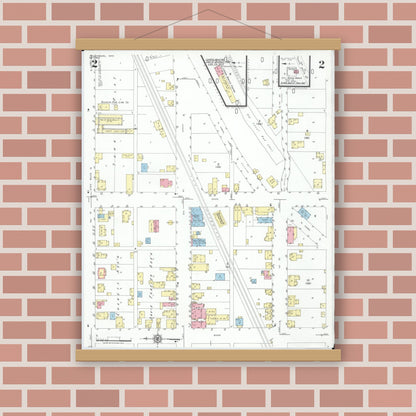 Old map wall art mockup — magnetic wood frame on brick wall — Sanborn Fire Insurance Map from Frazeysburg, Muskingum County, Ohio (1950), Sheet #0002