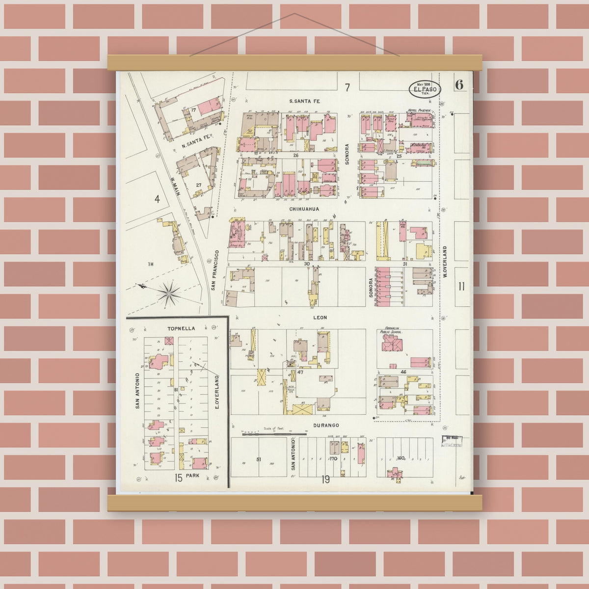 Old map wall art mockup — magnetic wood frame on brick wall — Sanborn Fire Insurance Map from El Paso, El Paso County, Texas (1898), Sheet #0006