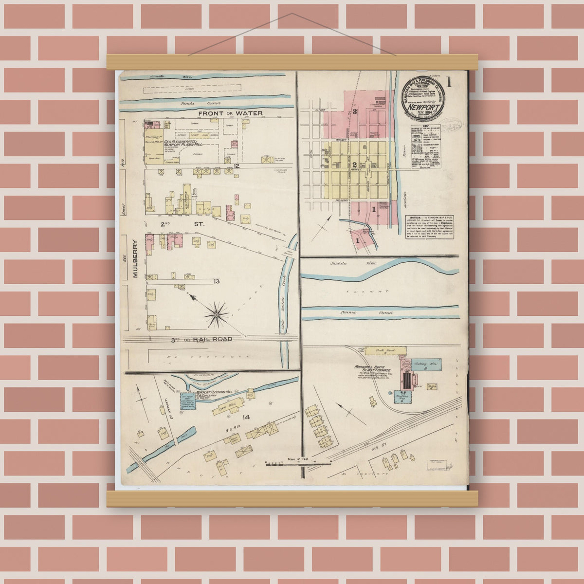 Old map wall art mockup — magnetic wood frame on brick wall — Sanborn Fire Insurance Map from Newport, Perry County, Pennsylvania (1884) - Complete Map Set
