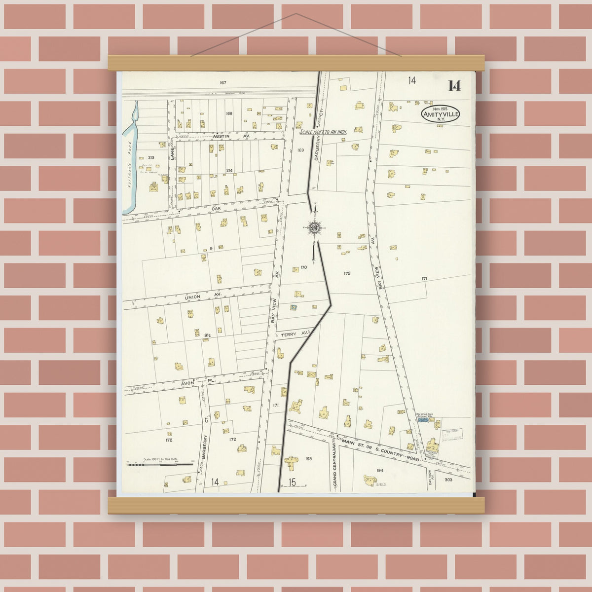 Old map wall art mockup — magnetic wood frame on brick wall — Sanborn Fire Insurance Map from Amityville, Suffolk County, New York (1915), Sheet #0014