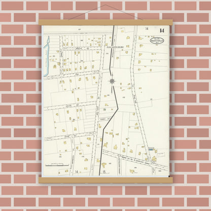 Old map wall art mockup — magnetic wood frame on brick wall — Sanborn Fire Insurance Map from Amityville, Suffolk County, New York (1915), Sheet #0014