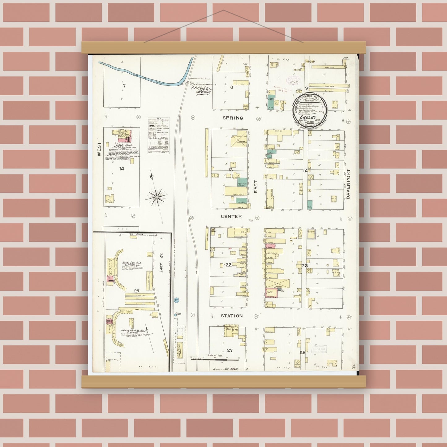 Old map wall art mockup — magnetic wood frame on brick wall — Sanborn Fire Insurance Map from Shelby, Shelby County, Iowa (1893), Sheet #0001