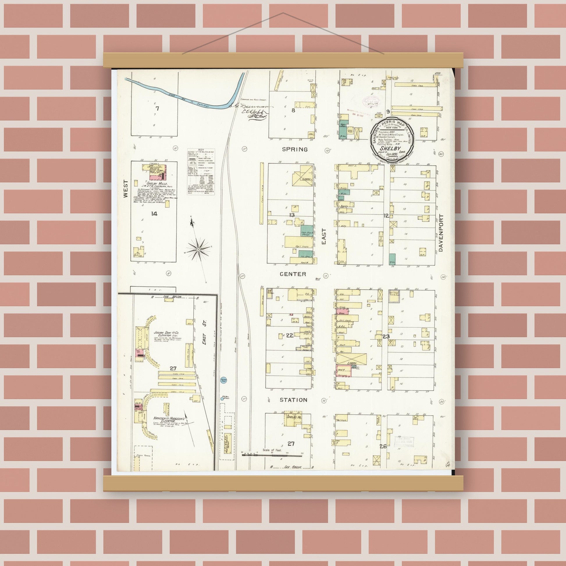 Old map wall art mockup — magnetic wood frame on brick wall — Sanborn Fire Insurance Map from Shelby, Shelby County, Iowa (1893), Sheet #0001