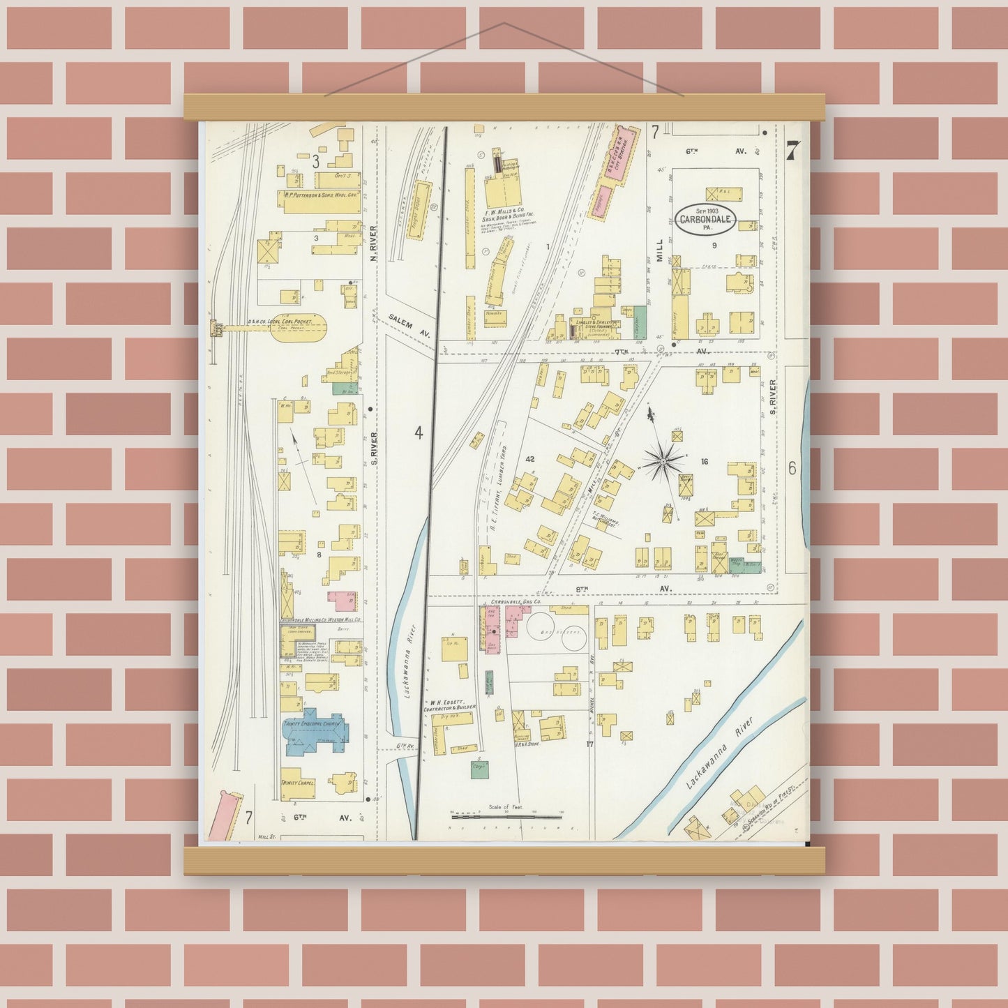 Old map wall art mockup — magnetic wood frame on brick wall — Sanborn Fire Insurance Map from Carbondale, Lackawanna County, Pennsylvania (1903), Sheet #0007