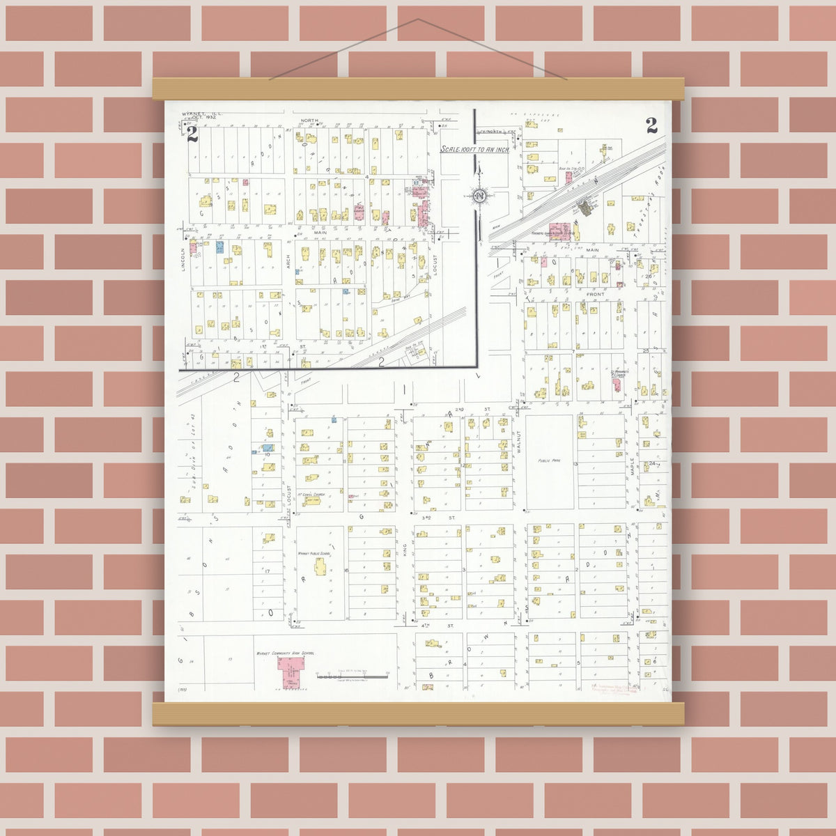 Old map wall art mockup — magnetic wood frame on brick wall — Sanborn Fire Insurance Map from Wyanet, Bureau County, Illinois (1932), Sheet #0002