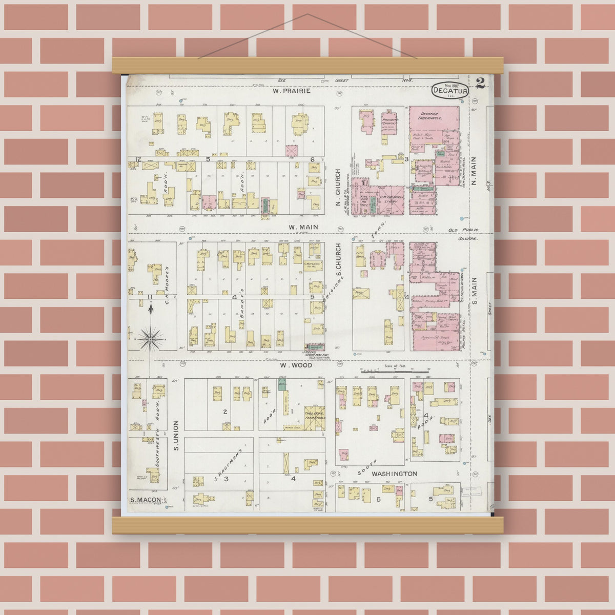 Old map wall art mockup — magnetic wood frame on brick wall — Sanborn Fire Insurance Map from Decatur, Macon County, Illinois (1887), Sheet #0002