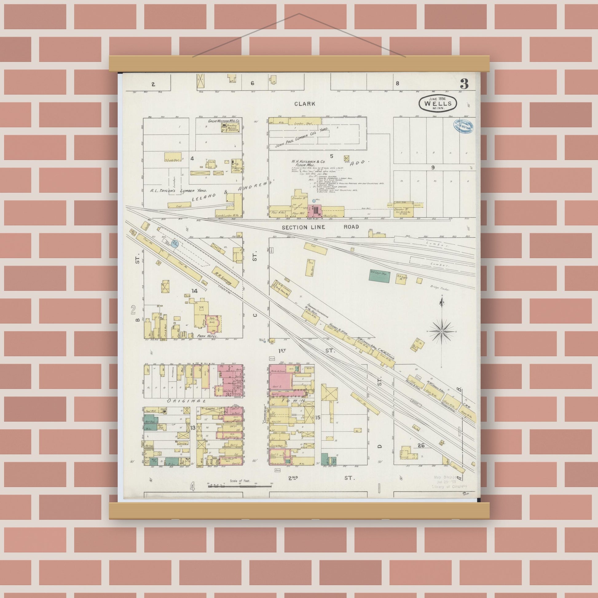 Old map wall art mockup — magnetic wood frame on brick wall — Sanborn Fire Insurance Map from Wells, Faribault County, Minnesota (1894), Sheet #0003