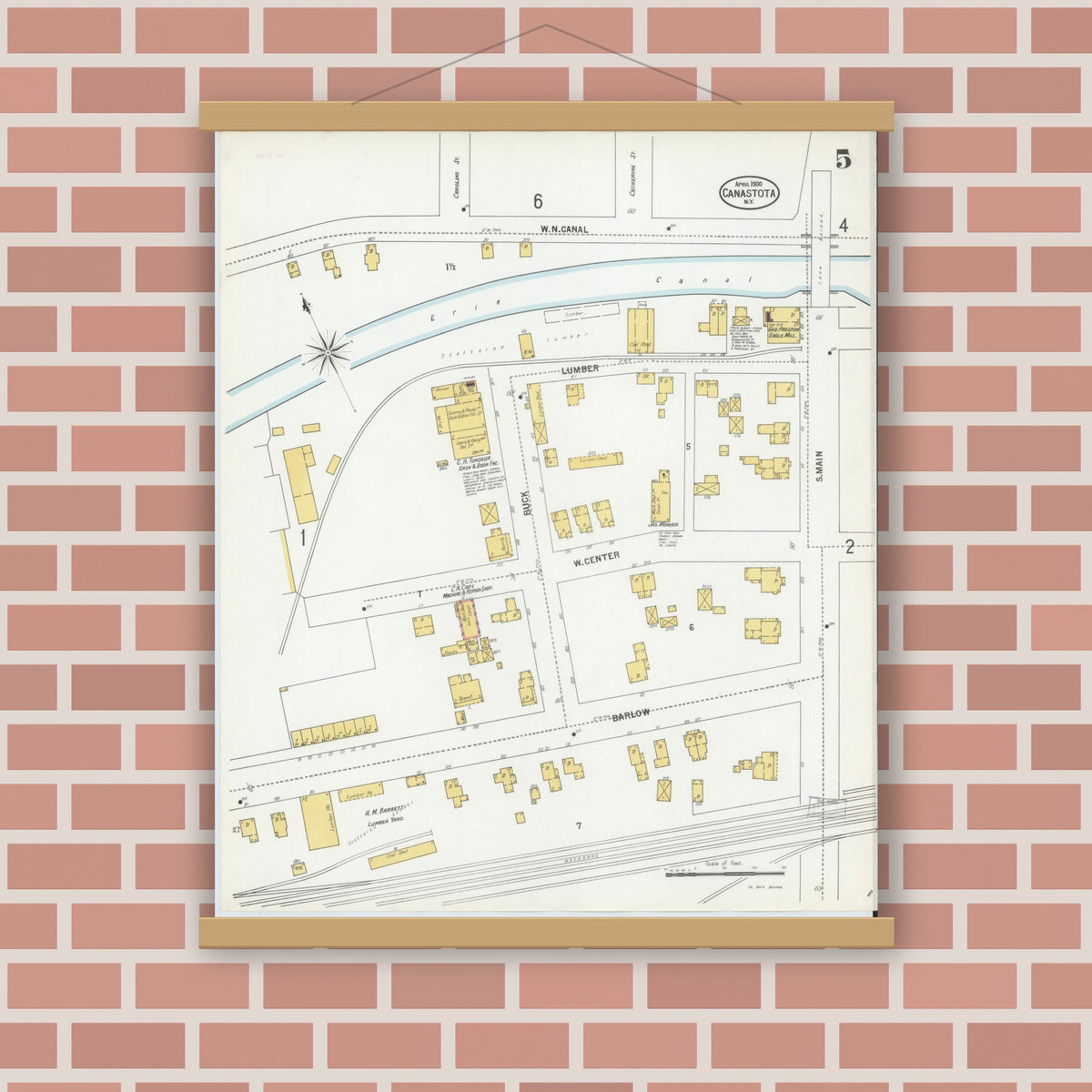 Old map wall art mockup — magnetic wood frame on brick wall — Sanborn Fire Insurance Map from Canastota, Madison County, New York (1900), Sheet #0005