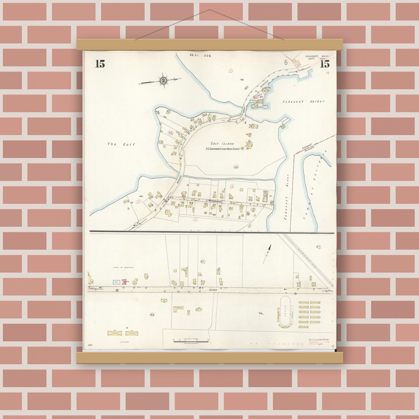 Old map wall art mockup — magnetic wood frame on brick wall — Sanborn Fire Insurance Map from Cohasset, Norfolk County, Massachusetts (1940), Sheet #0015