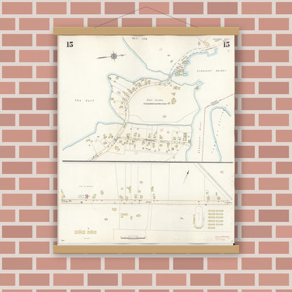 Old map wall art mockup — magnetic wood frame on brick wall — Sanborn Fire Insurance Map from Cohasset, Norfolk County, Massachusetts (1940), Sheet #0015
