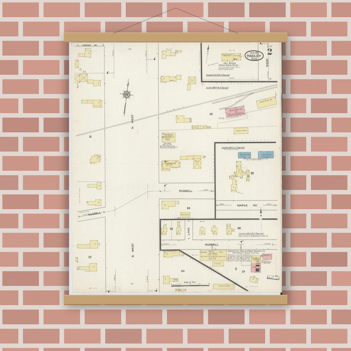 Old map wall art mockup — magnetic wood frame on brick wall — Sanborn Fire Insurance Map from Hadley, Hampshire County, Massachusetts (1915), Sheet #0002