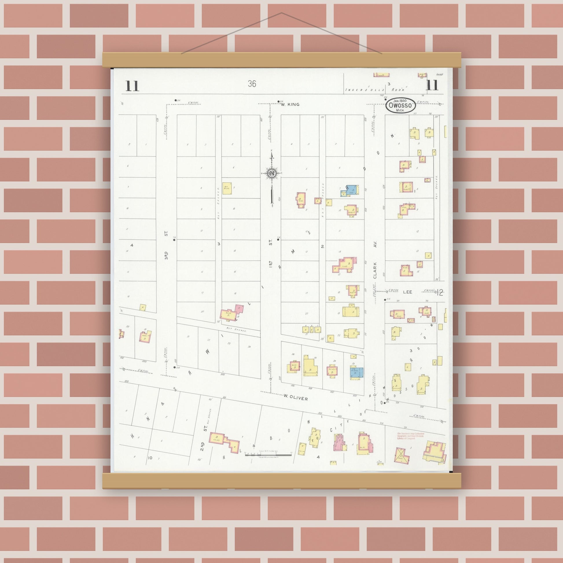 Old map wall art mockup — magnetic wood frame on brick wall — Sanborn Fire Insurance Map from Owosso, Shiawassee County, Michigan (1930), Sheet #0011