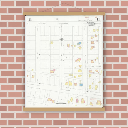 Old map wall art mockup — magnetic wood frame on brick wall — Sanborn Fire Insurance Map from Owosso, Shiawassee County, Michigan (1930), Sheet #0011