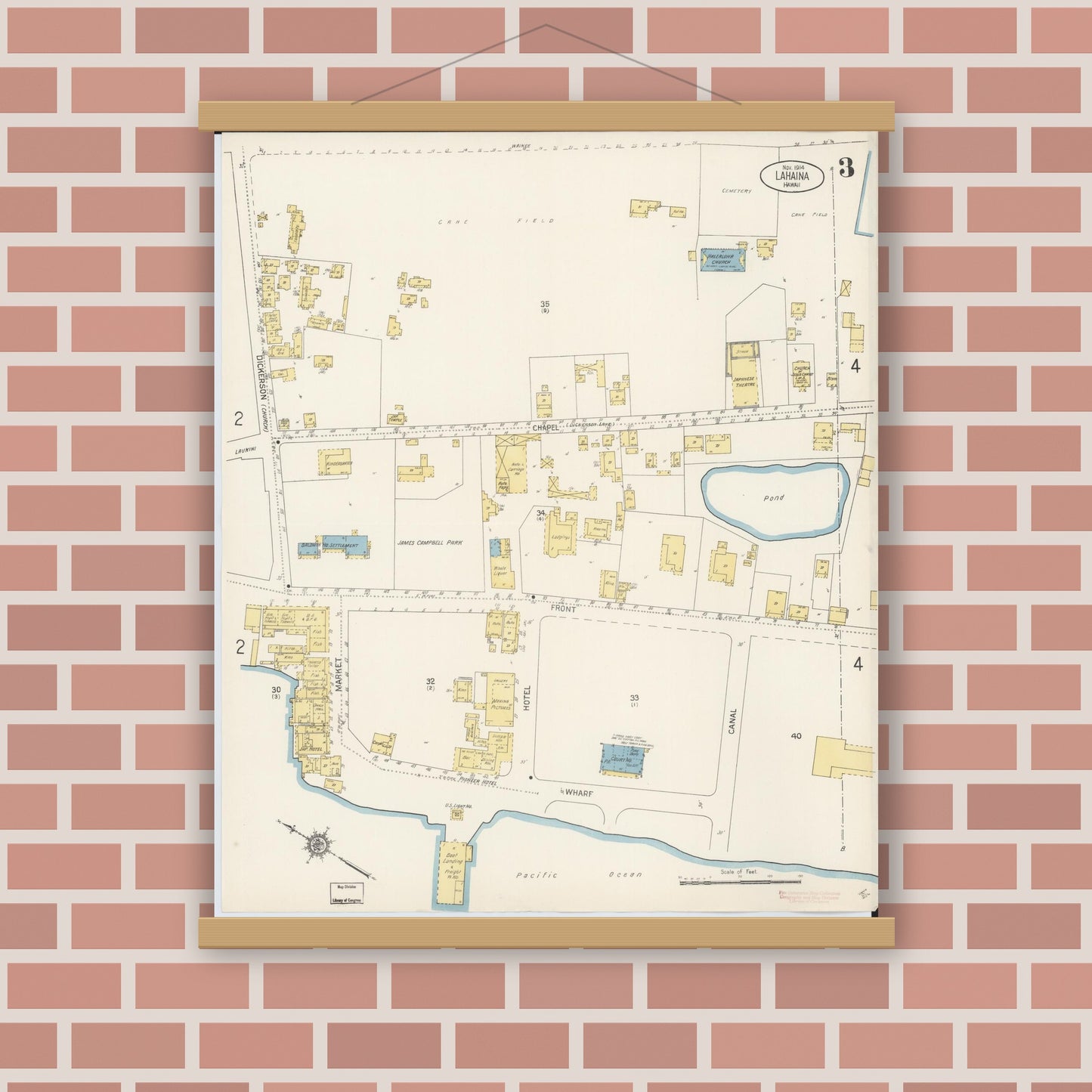 Old map wall art mockup — magnetic wood frame on brick wall — Sanborn Fire Insurance Map from Lahaina, Maui County, Hawaii (1914), Sheet #0003