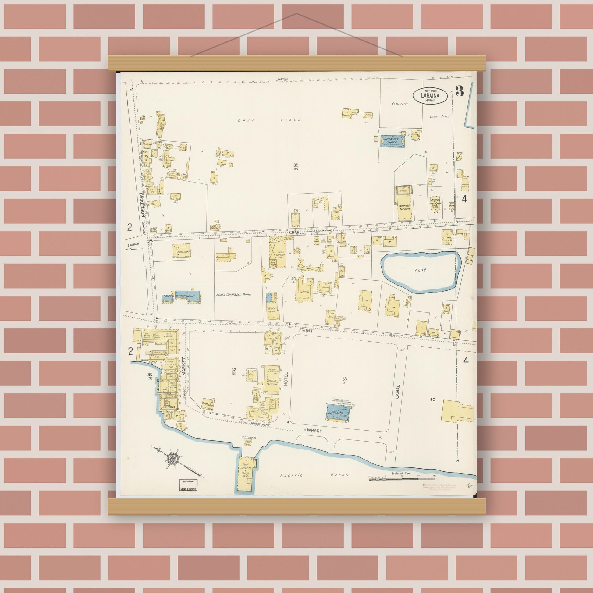 Old map wall art mockup — magnetic wood frame on brick wall — Sanborn Fire Insurance Map from Lahaina, Maui County, Hawaii (1914), Sheet #0003