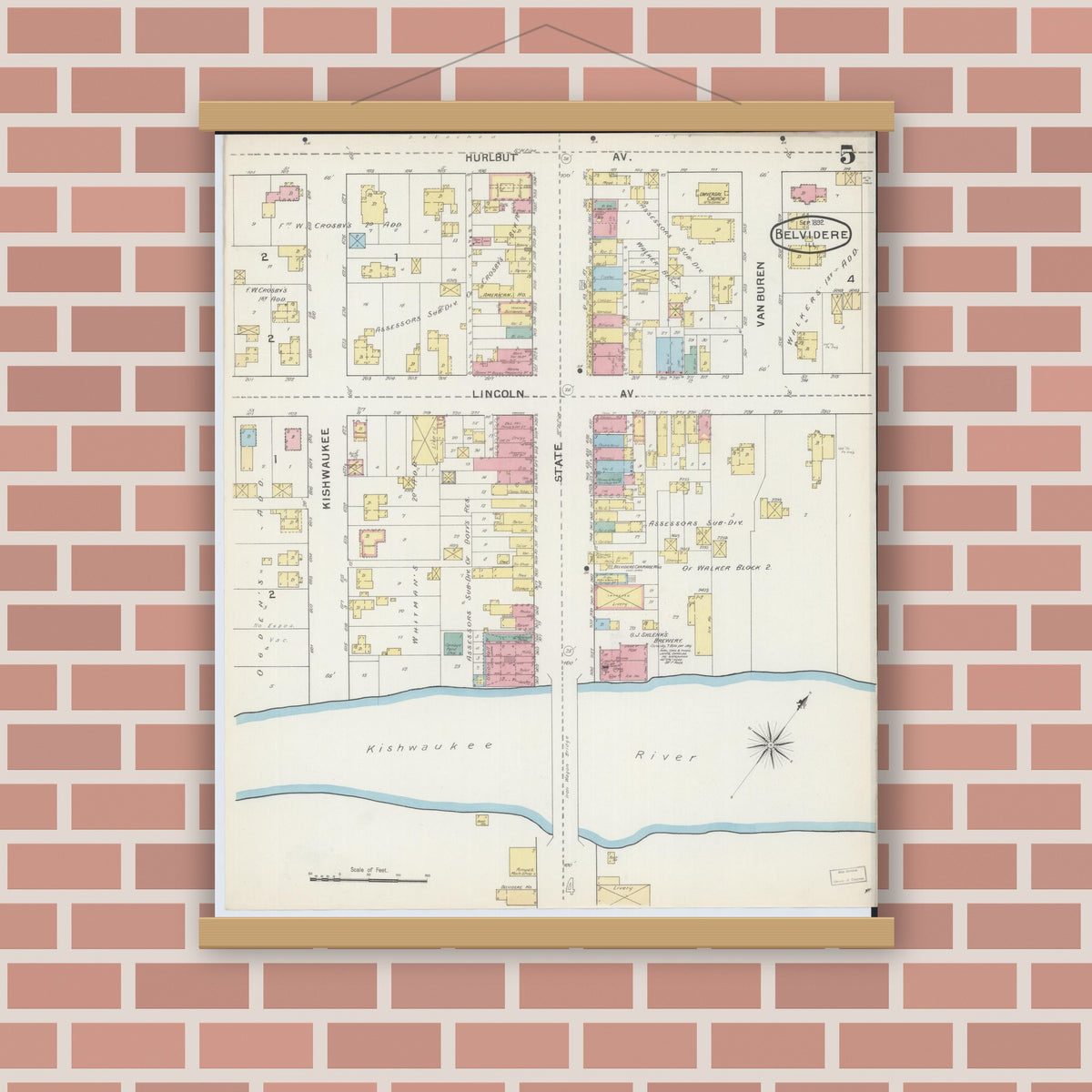 Old map wall art mockup — magnetic wood frame on brick wall — Sanborn Fire Insurance Map from Belvidere, Boone County, Illinois (1892), Sheet #0005