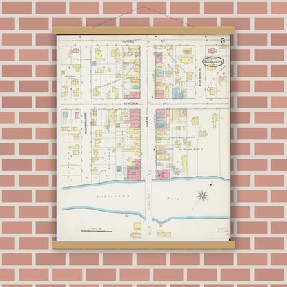 Old map wall art mockup — magnetic wood frame on brick wall — Sanborn Fire Insurance Map from Belvidere, Boone County, Illinois (1892), Sheet #0005