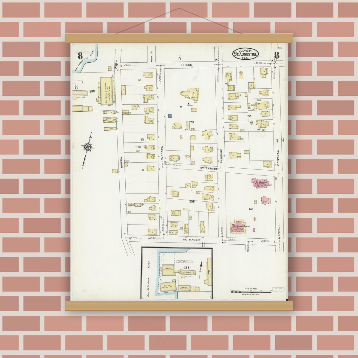 Old map wall art mockup — magnetic wood frame on brick wall — Sanborn Fire Insurance Map from Saint Augustine, Saint John's County, Florida (1924), Sheet #0008