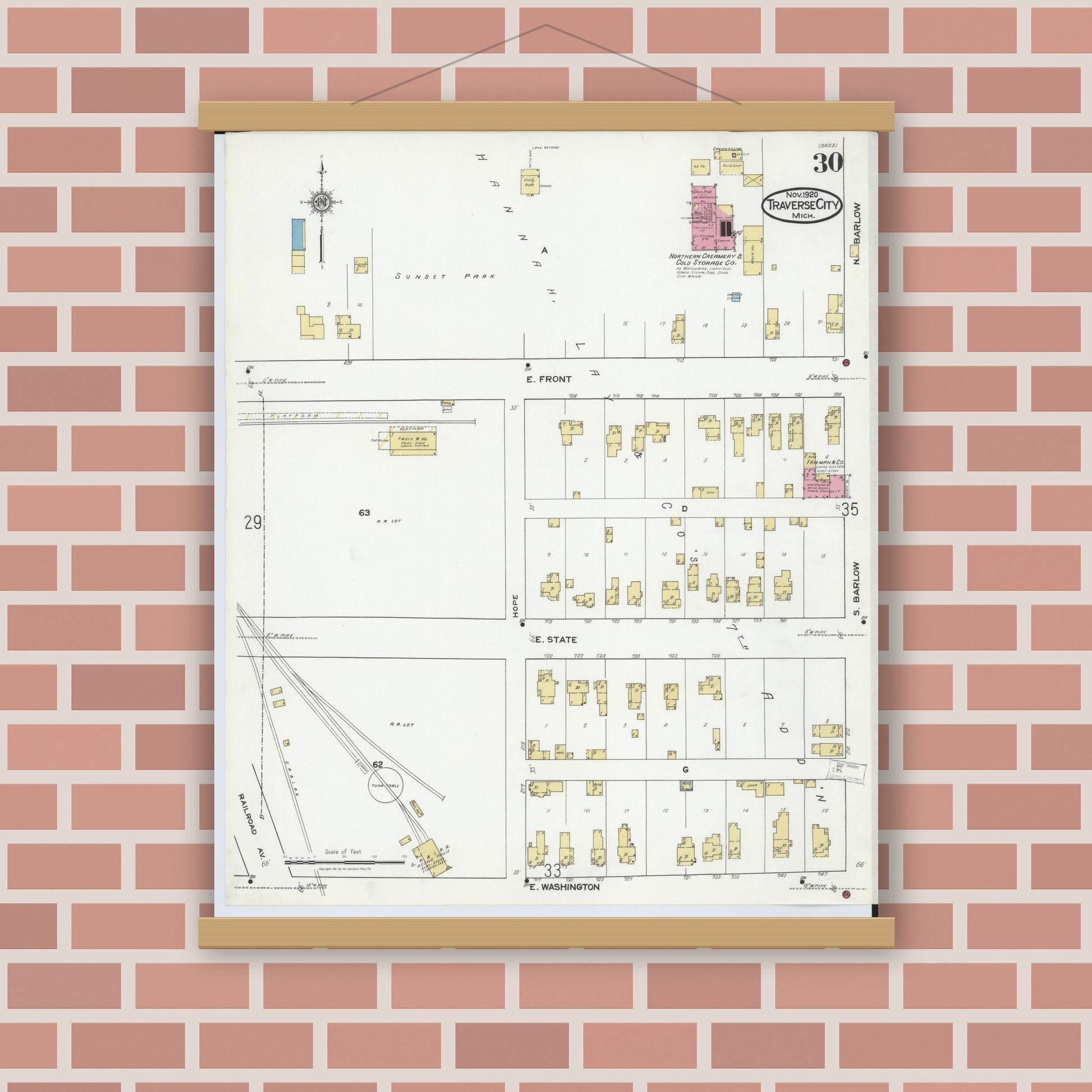 Old map wall art mockup — magnetic wood frame on brick wall — Sanborn Fire Insurance Map from Traverse City, Grand Traverse County, Michigan (1920), Sheet #0030