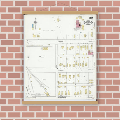 Old map wall art mockup — magnetic wood frame on brick wall — Sanborn Fire Insurance Map from Traverse City, Grand Traverse County, Michigan (1920), Sheet #0030