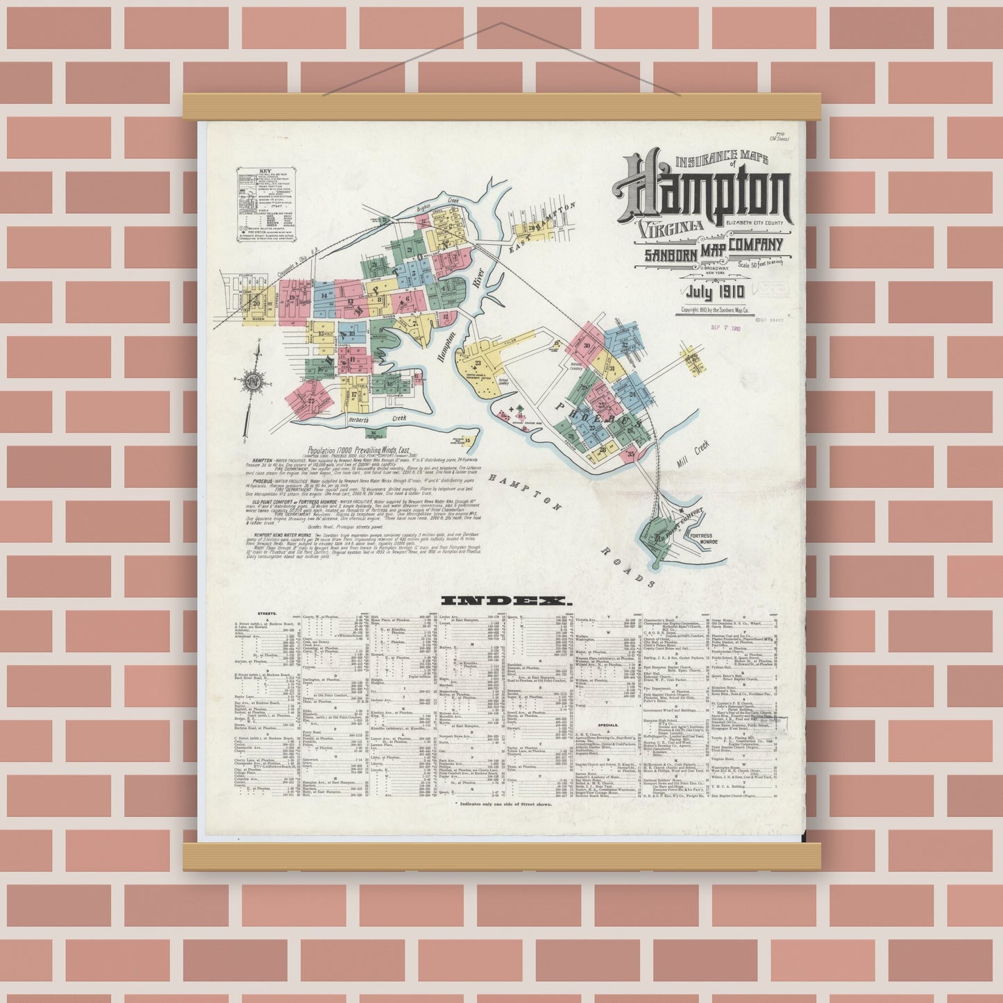 Old map wall art mockup — magnetic wood frame on brick wall — Sanborn Fire Insurance Map from Hampton, Independent Cities, Virginia (1910) - Complete Map Set