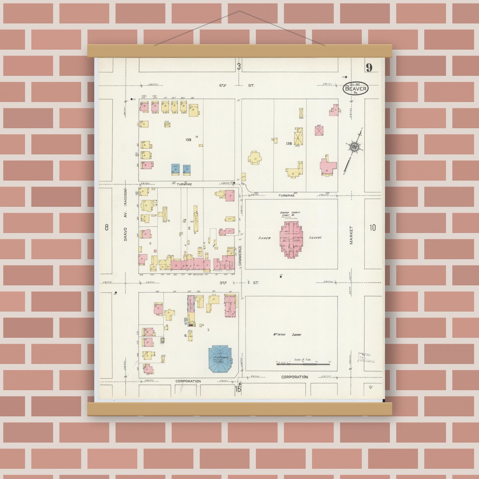 Old map wall art mockup — magnetic wood frame on brick wall — Sanborn Fire Insurance Map from Beaver, Beaver County, Pennsylvania (1912), Sheet #0009