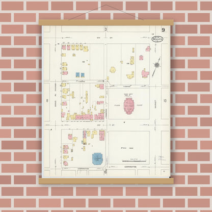 Old map wall art mockup — magnetic wood frame on brick wall — Sanborn Fire Insurance Map from Beaver, Beaver County, Pennsylvania (1912), Sheet #0009