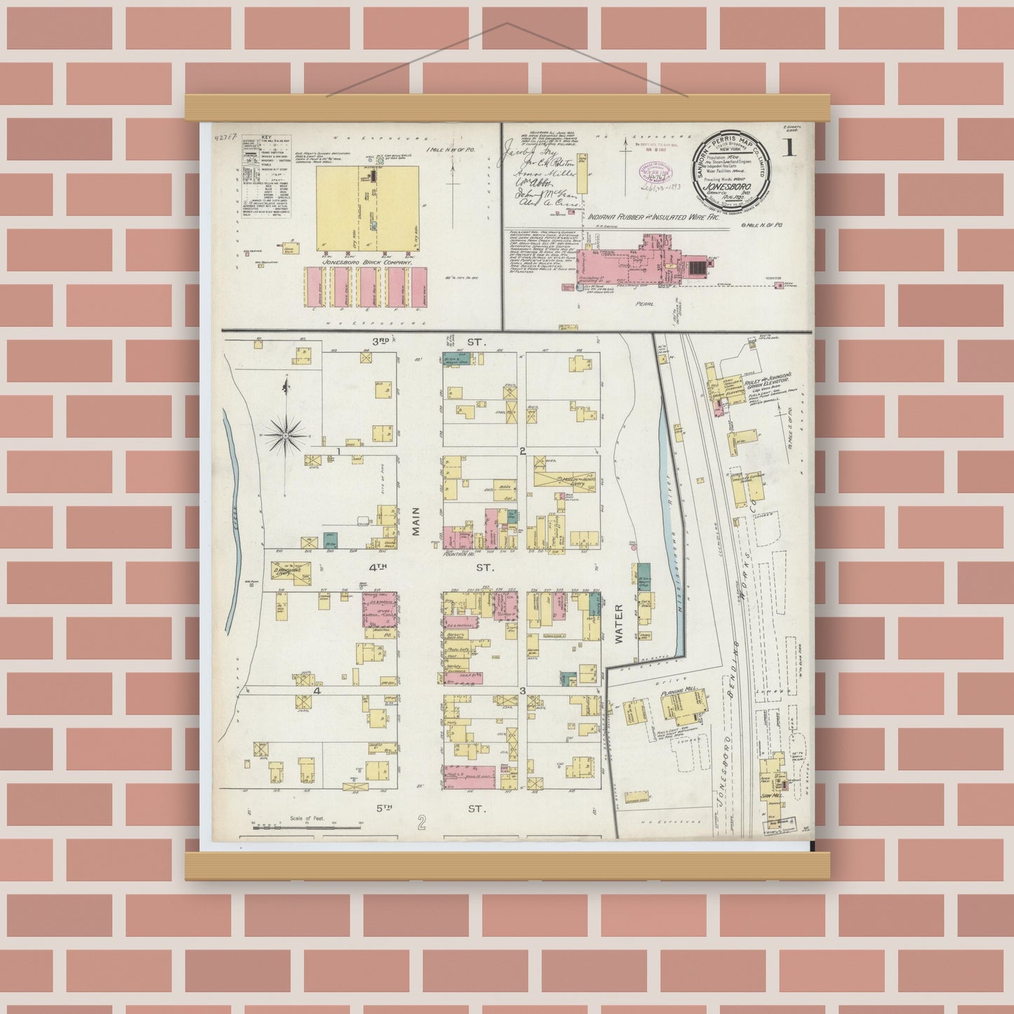 Old map wall art mockup — magnetic wood frame on brick wall — Sanborn Fire Insurance Map from Jonesboro, Grant County, Indiana (1893) - Complete Map Set